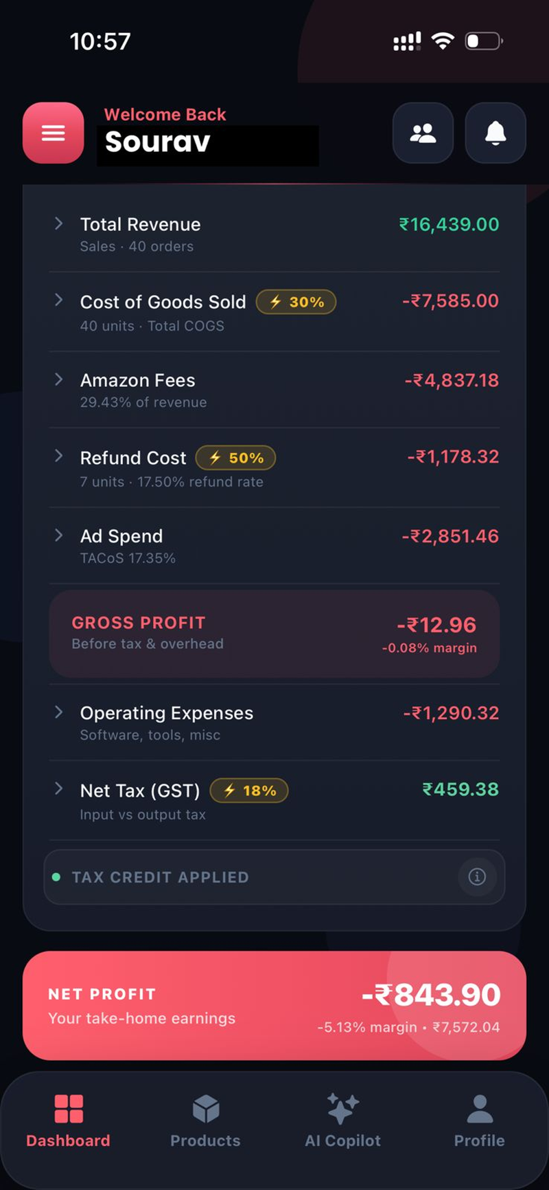 The Sellerview app showing net profit, sales and units for the day